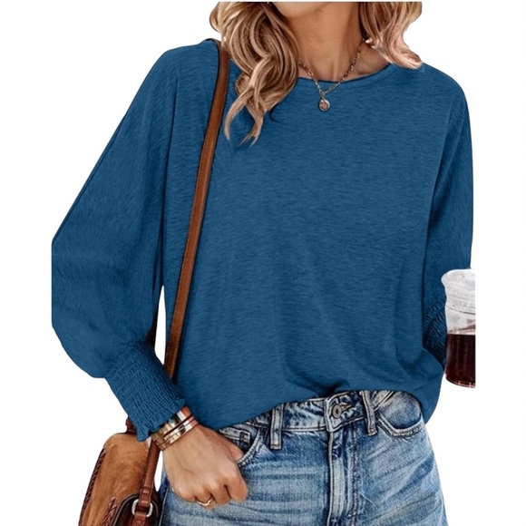 suculon Tops - Sucolan Blue Women’s Oversized Fall Fashion Trendy Shirt Ruffle Long Sleeve Sz L